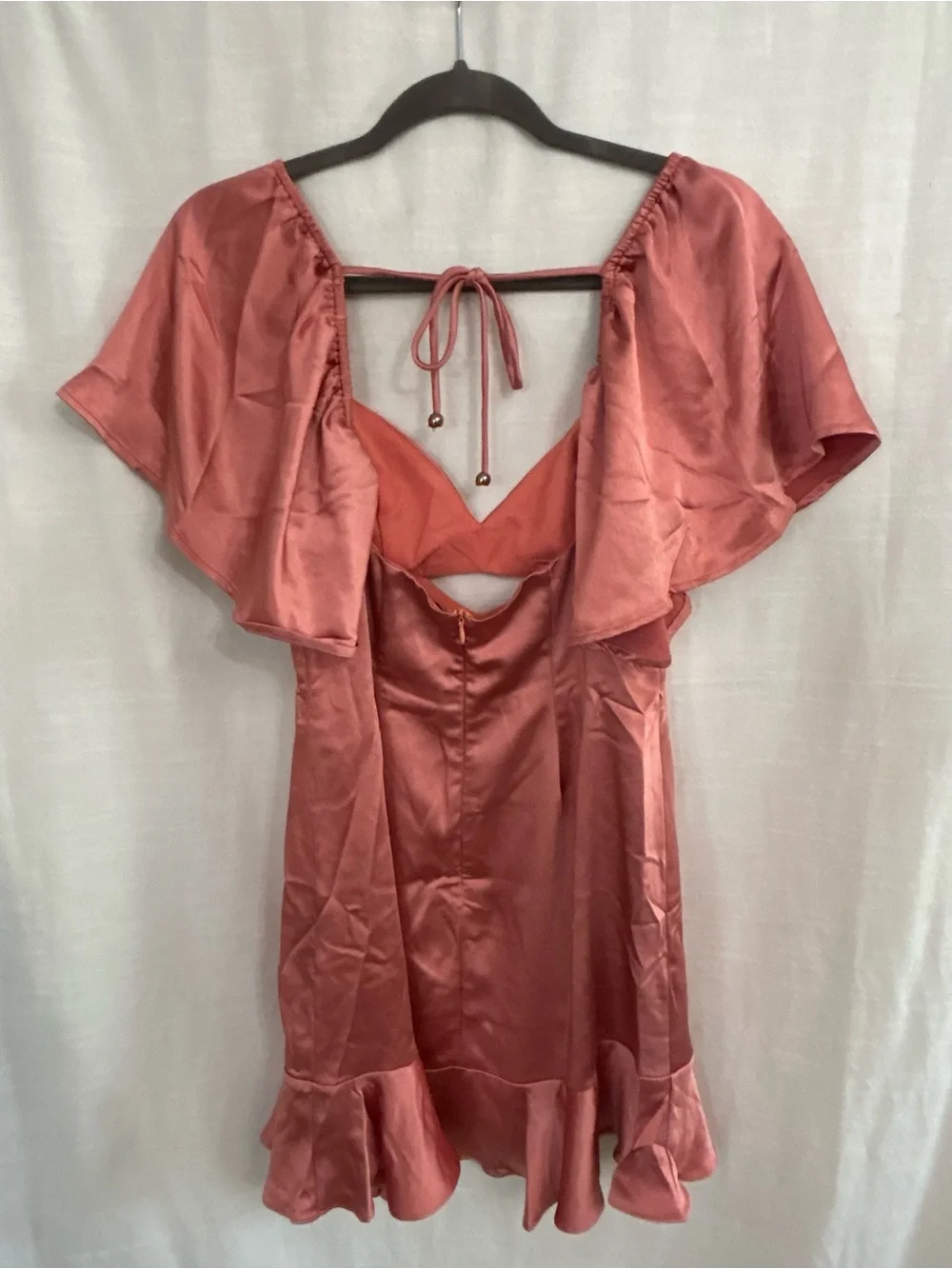 Hello Molly One Way Ticket Coral Slip Mini‎ Dress with Ruffle Detail and Cutouts
